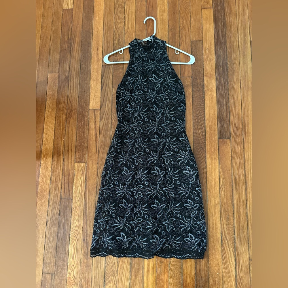 BCBGMaxAzria Black and Silver Floral Mini Dress